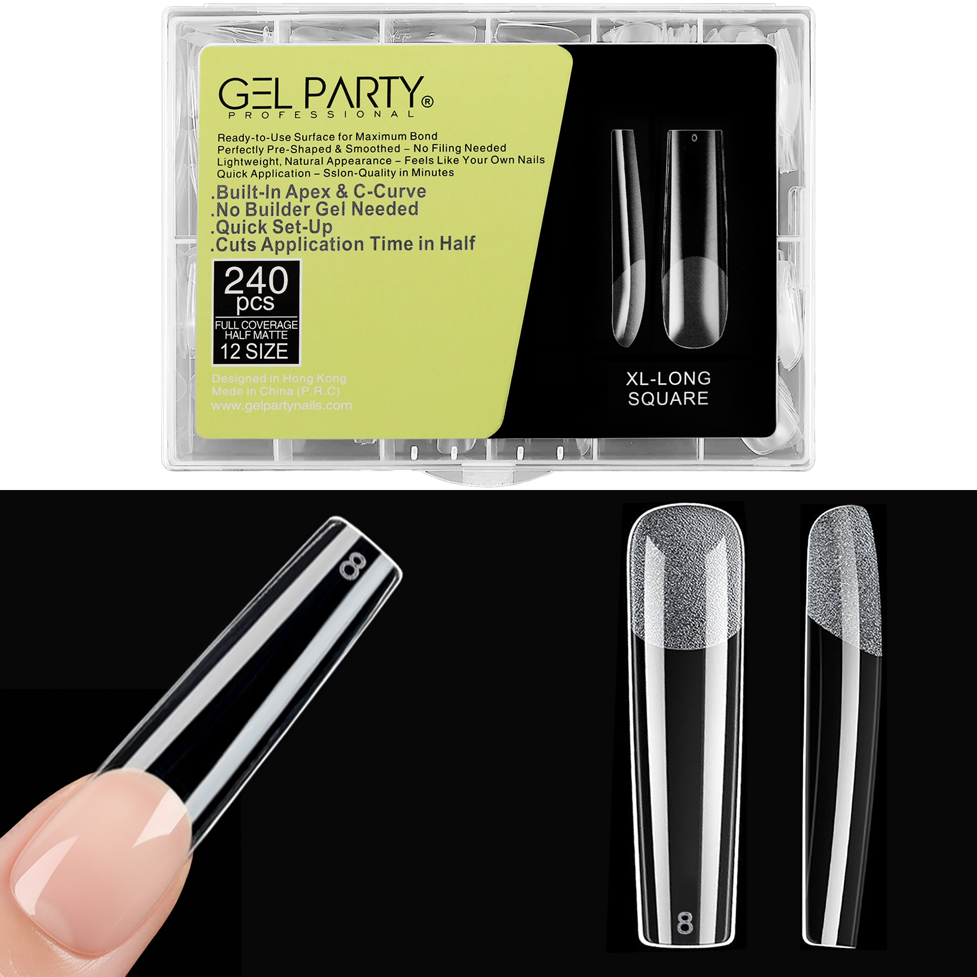 Gelparty Soft Gel Nail Tips XL Long Square - 240pcs Full Cover, No-Filing Extension Tips